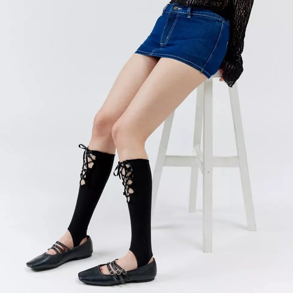 NWT Urban Outfitters Ribbed Lace-Up White Stirrup Leg Warmer Socks